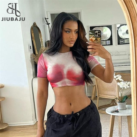 Fashion Women Tie Dye Print O Neck Short Sleeves Crop Top T Shirt Sexy Slim Cyber Casual Club Tee Shirts