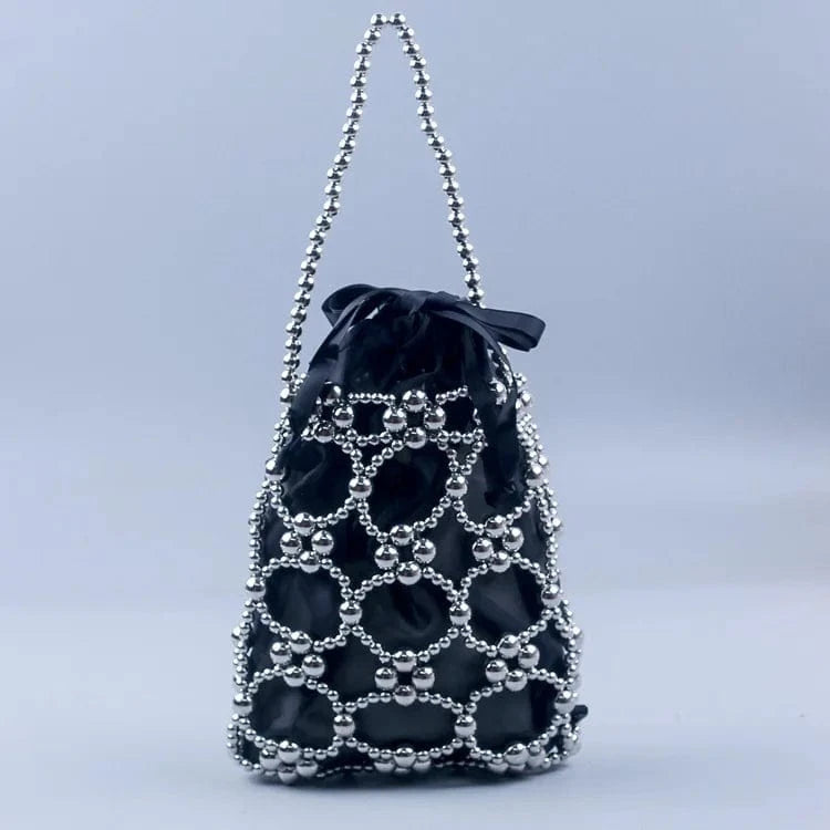 Fashionable and trendy plated hand woven acrylic street photography casual versatile beaded handbag Hollow Out Bucket Pouch