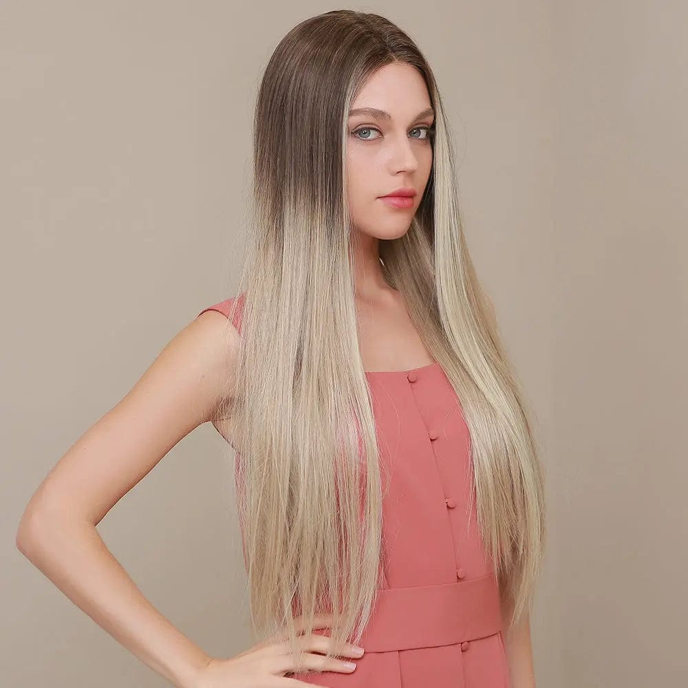 Fast Delivery Lace Long Straight Wig Ombre Brown Blonde Synthetic Lace Wigs for Women Dropshipping Wholesale Lace Front Wig