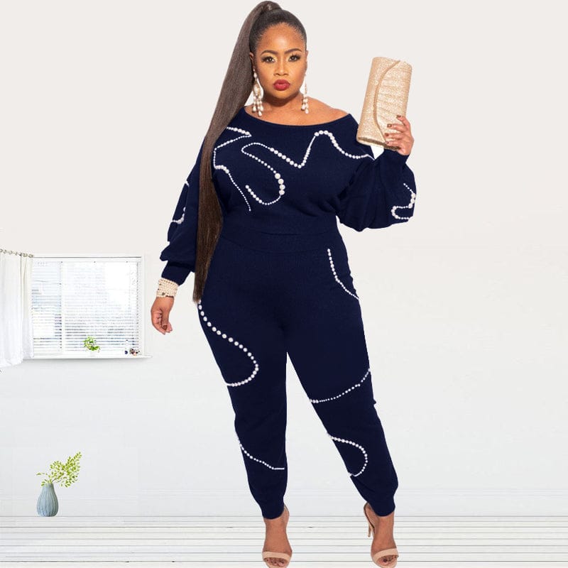 fast delivery women Pearl Beading knitted two piece set plus size clothing sexy outfit