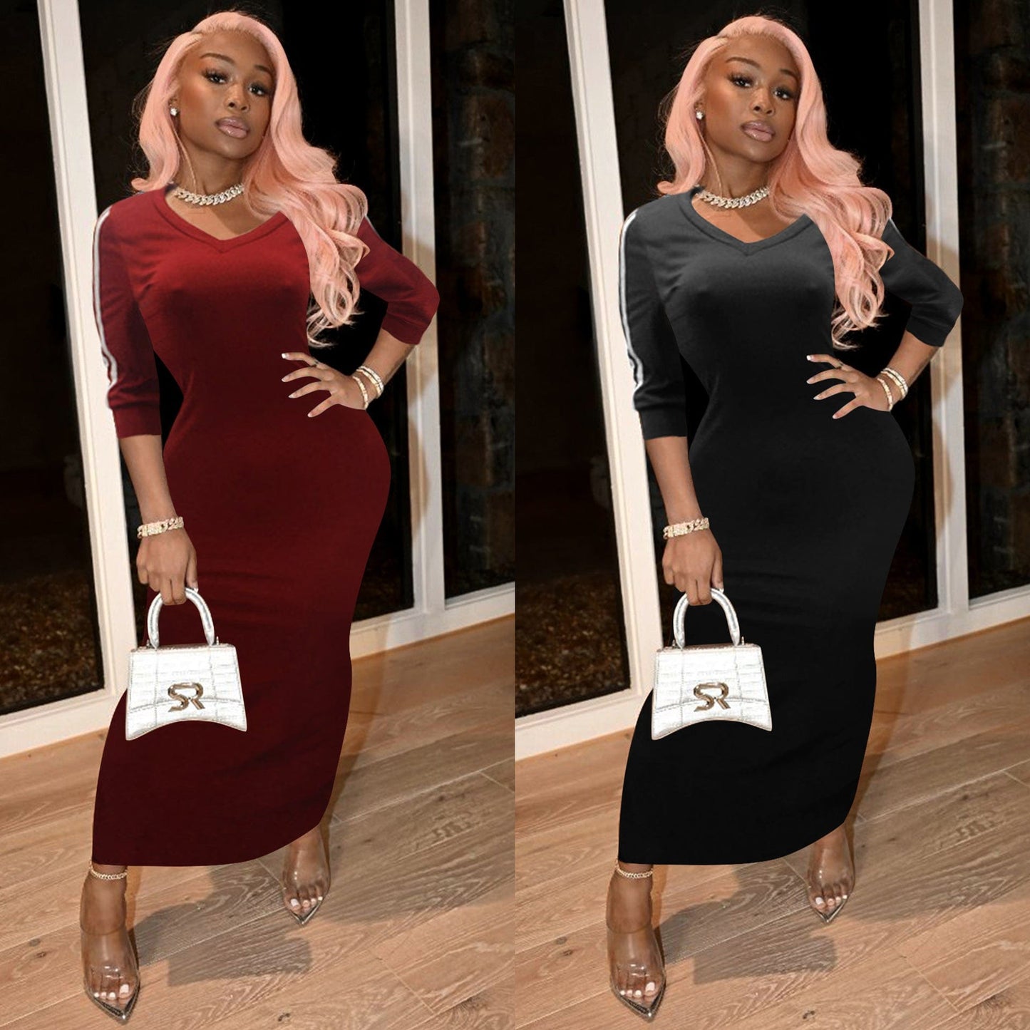 Fast Shipping NO MOQ Casual Half Sleeve Split V-neck Maxi Sweater Dress For Women in High Quality