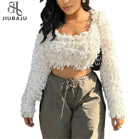 Faux Fur T-shirt Women Long Sleeve Square Collar Fashion Slim Plush Crop Top Sexy Pullover Tees