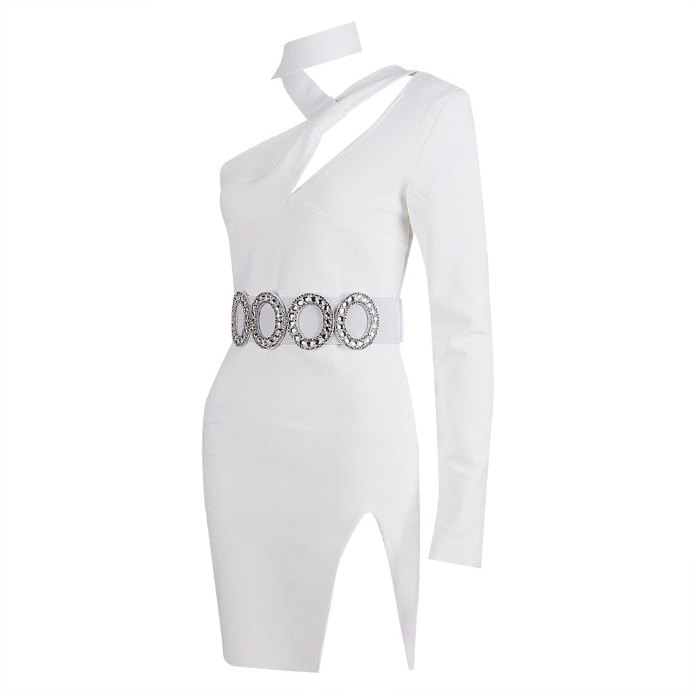 FD2270 Kimshein Stylish New Halter One Shoulder Long Sleeve Sexy Hollow Out Crystal Belt Split Mini Bodycon Club Dress Women