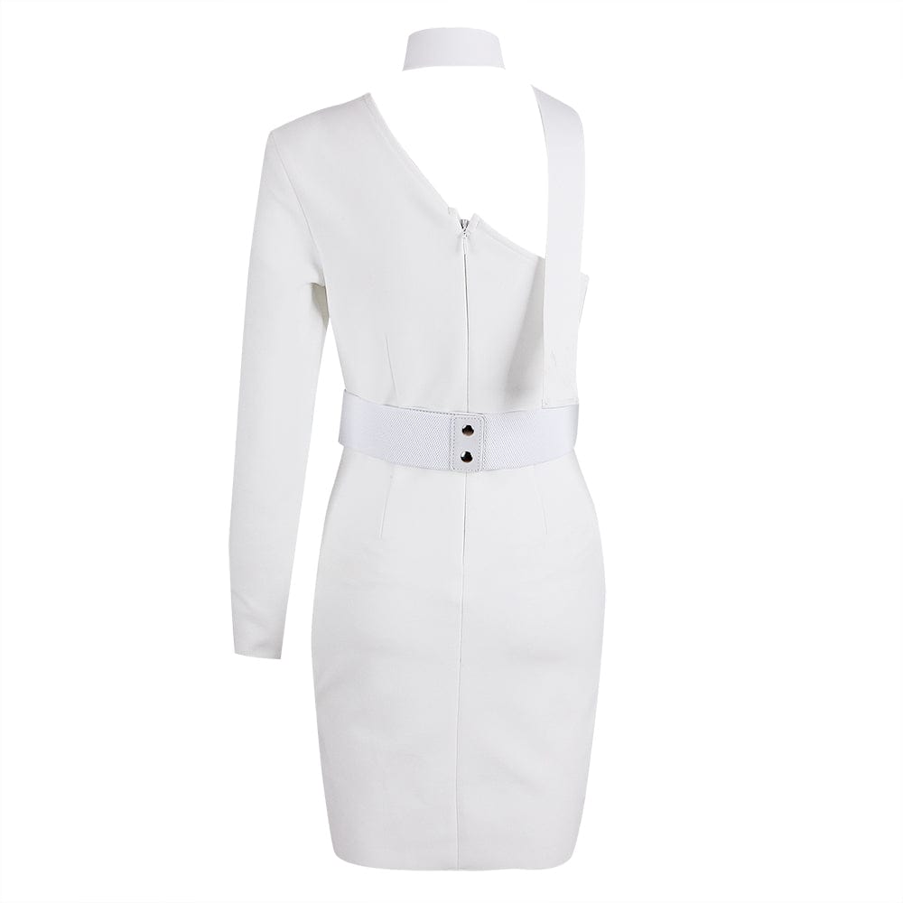 FD2270 Kimshein Stylish New Halter One Shoulder Long Sleeve Sexy Hollow Out Crystal Belt Split Mini Bodycon Club Dress Women