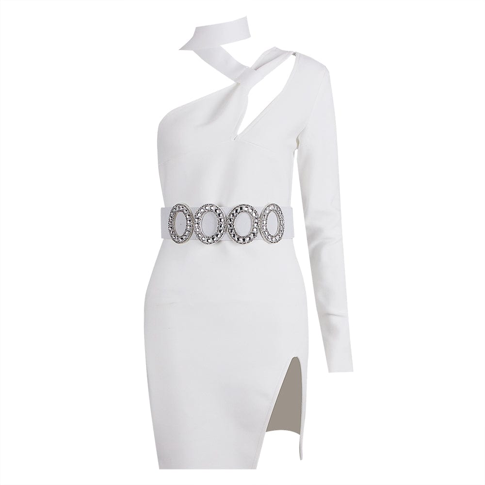 FD2270 Kimshein Stylish New Halter One Shoulder Long Sleeve Sexy Hollow Out Crystal Belt Split Mini Bodycon Club Dress Women