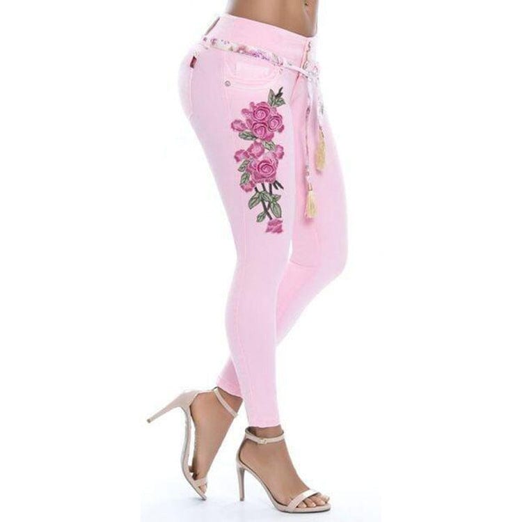 Feet Colombianos Colombien Custom Logo Embroidery Floral Stylish Butt Lifter Ladies Skinny Trousers Pencil Pants Women'S Jeans