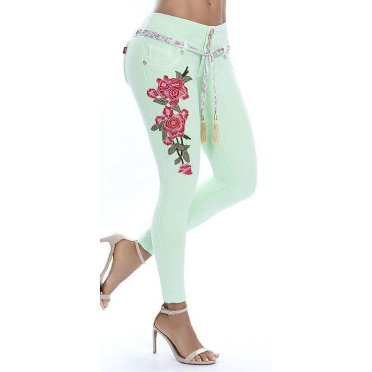 Feet Colombianos Colombien Custom Logo Embroidery Floral Stylish Butt Lifter Ladies Skinny Trousers Pencil Pants Women'S Jeans