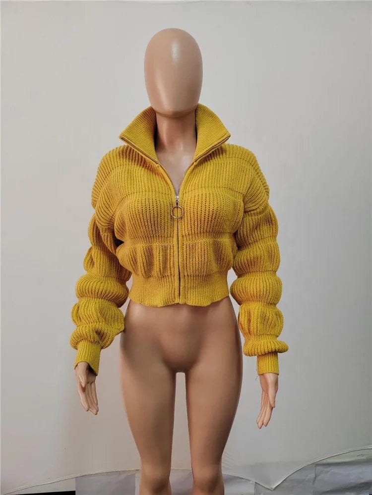 Female Lotus Lantern Long Sleeves Cardigans Zip Up Sweaters Knit Coats Woman