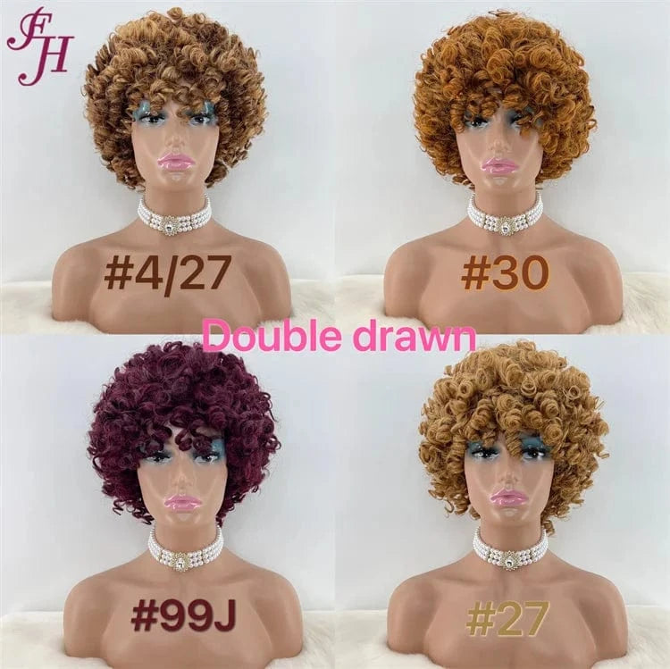 FH Best Quality Raw Virgin Human Hair Wig No Lace Short Brown Curly Wig 100% Human Hair Machine Made Wig With Bang