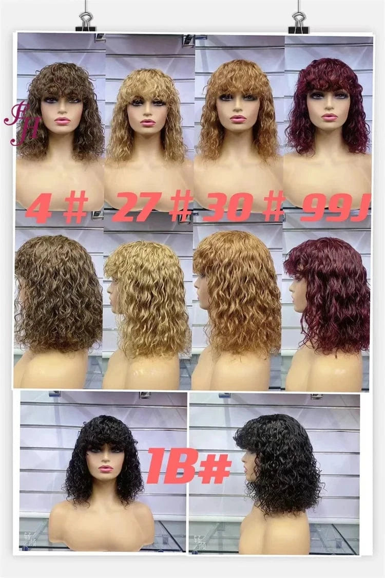 FH Brazilian 100% Virgin Human Hair Wig 12 Inches Curly 99j Colored Bob Raw Human Hair Wig Brazilian Human Hair Wig With Bang