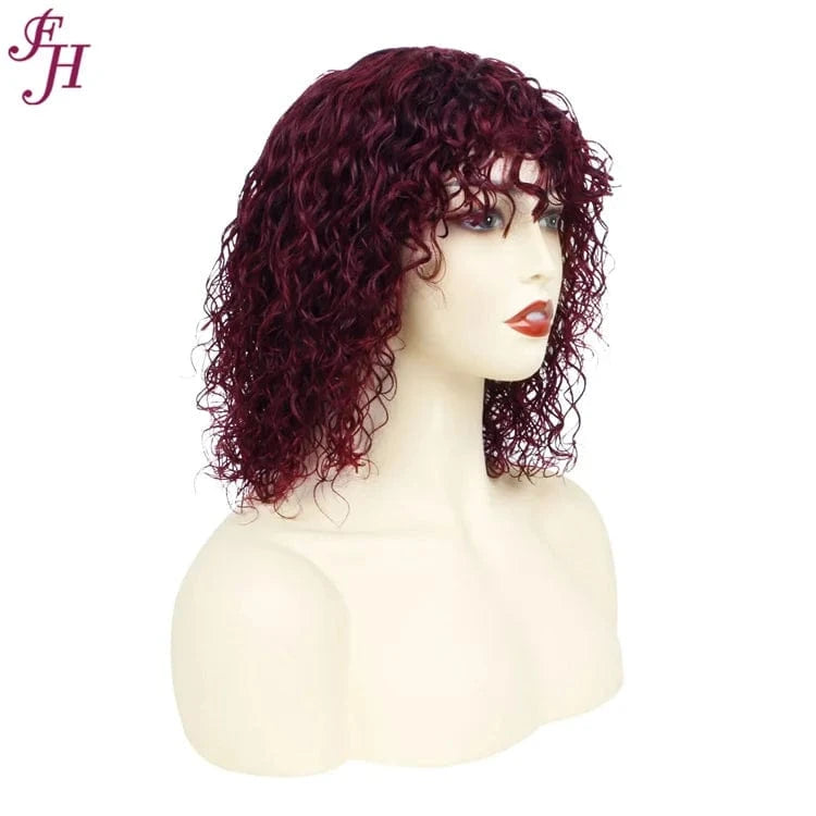 FH Brazilian 100% Virgin Human Hair Wig 12 Inches Curly 99j Colored Bob Raw Human Hair Wig Brazilian Human Hair Wig With Bang