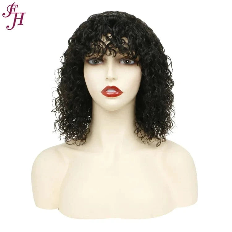 FH Brazilian 100% Virgin Human Hair Wig 12 Inches Curly 99j Colored Bob Raw Human Hair Wig Brazilian Human Hair Wig With Bang