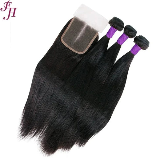 FH wholesale cheap brazilian virgin human hair bundle lace frontal 4x4 transparent lace closures with 3 raw hair bundles