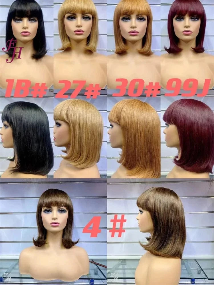 FH Wholesale India Virgin 180% Density Human Hair Wig 12 Inch Straight Brown Bob Machine Made Wig 100% Human Hair Wig With Bang