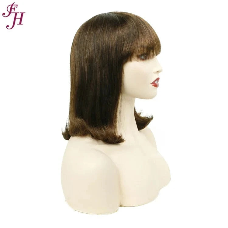FH Wholesale India Virgin 180% Density Human Hair Wig 12 Inch Straight Brown Bob Machine Made Wig 100% Human Hair Wig With Bang