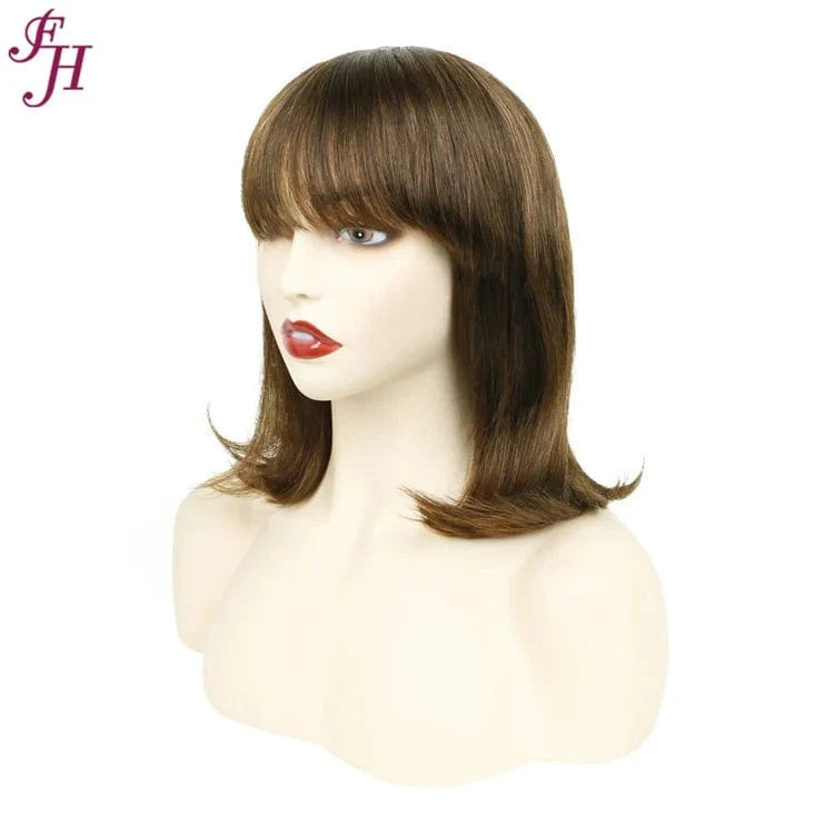 FH Wholesale India Virgin 180% Density Human Hair Wig 12 Inch Straight Brown Bob Machine Made Wig 100% Human Hair Wig With Bang