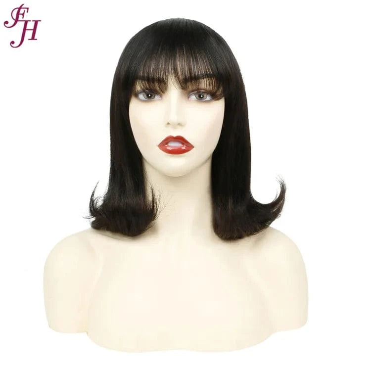 FH Wholesale India Virgin 180% Density Human Hair Wig 12 Inch Straight Brown Bob Machine Made Wig 100% Human Hair Wig With Bang