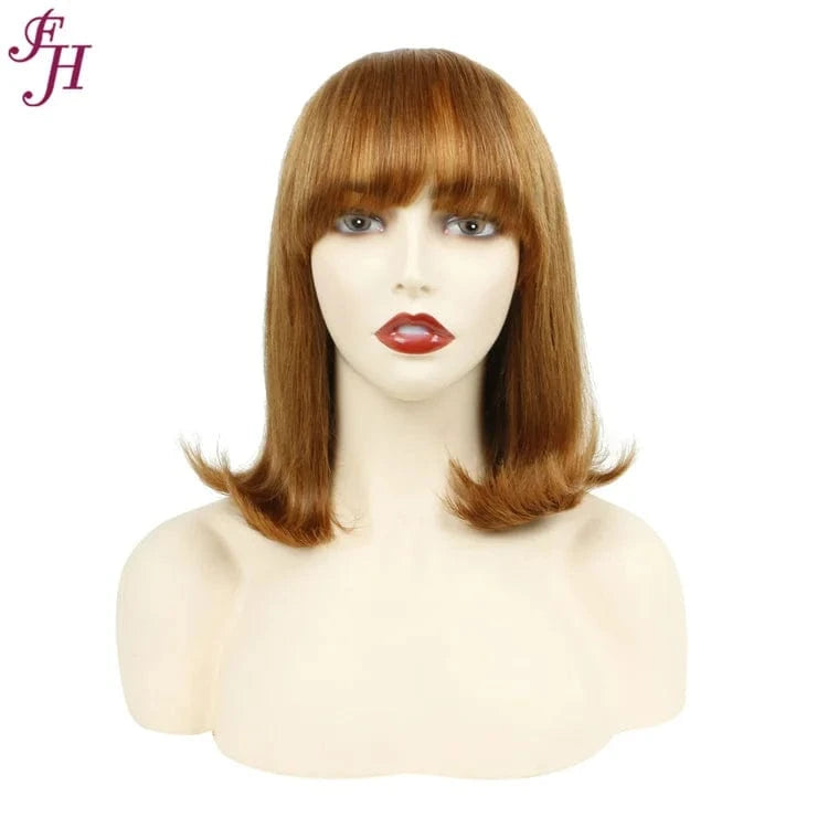 FH Wholesale India Virgin 180% Density Human Hair Wig 12 Inch Straight Brown Bob Machine Made Wig 100% Human Hair Wig With Bang