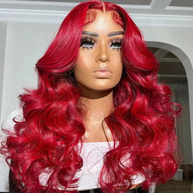Fire Red Colored 4x4 Closure Wigs With Baby Hair 100% Human Hair Wigs Transparent 13x4 Body Wave Lace Frontal Wig For Women