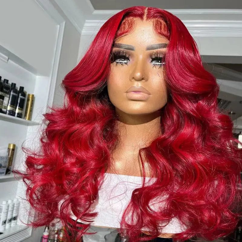 Fire Red Colored 4x4 Closure Wigs With Baby Hair 100% Human Hair Wigs Transparent 13x4 Body Wave Lace Frontal Wig For Women