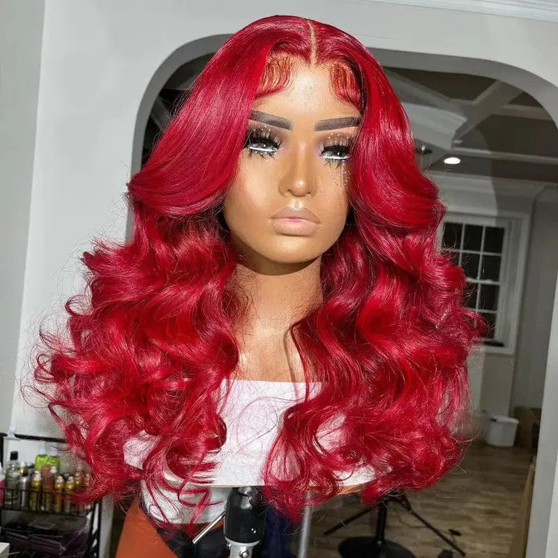 Fire Red Colored 4x4 Closure Wigs With Baby Hair 100% Human Hair Wigs Transparent 13x4 Body Wave Lace Frontal Wig For Women