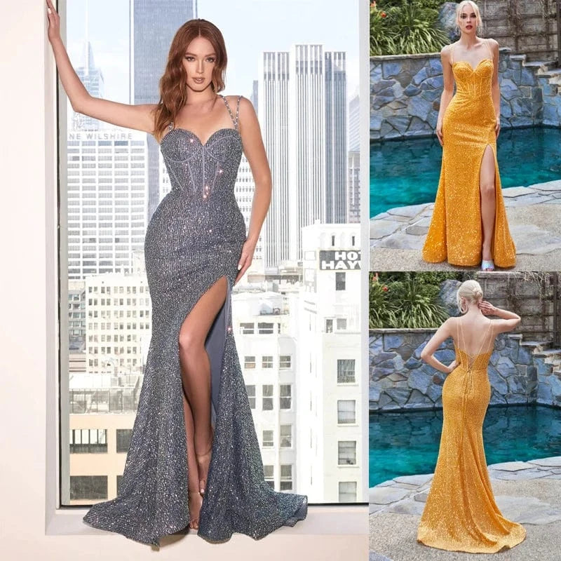 Fishbone Sling Cocktail Dress Plus Size Prom Gown Celebrity Graduation Evening Party women sequin high slit Sparkly Robes