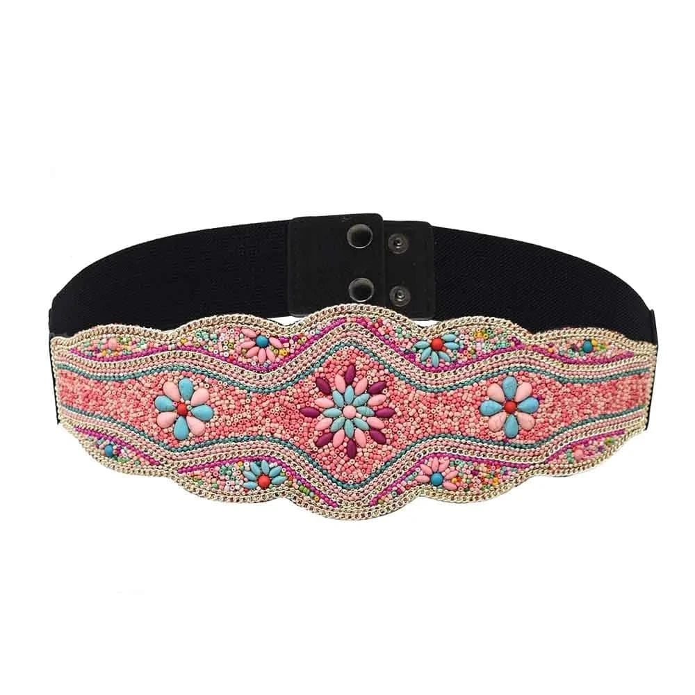 flower / Pink Bohemian Belt for Women Zulu Beaded Elastic Stretch Adjustable Waist Belt Retro Ethnic Belly Chain Exotic Body Jewelry
