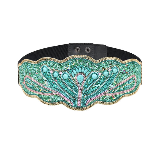 Flower Rice Bead Women Belt Ethnic Statement Wide Elastic Body Belt for Girls Women Dancing