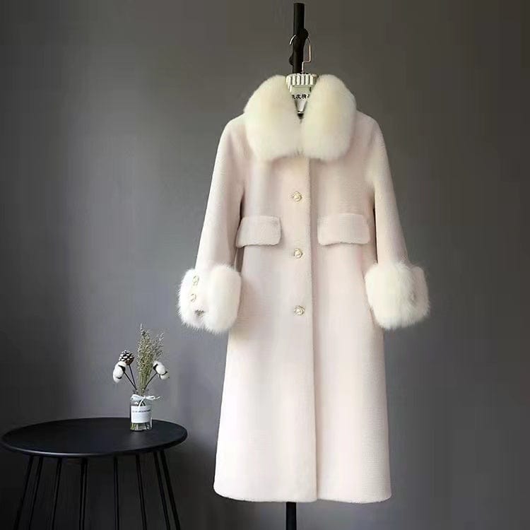Fluffy Fox Fur Collar women coat Warm Luxury Outerwear Fashion Lady Long Sleeves Winter Coat New Shearling coat for women