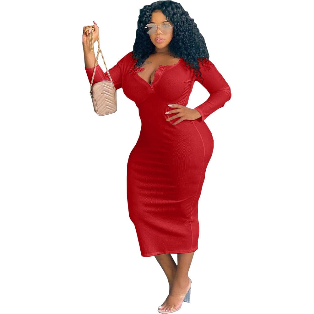 FNN-8629 Autumn And Winter Women'S Clothing Sexy Solid Color V-Neck Long-Sleeved Plus Size Women'S Dress