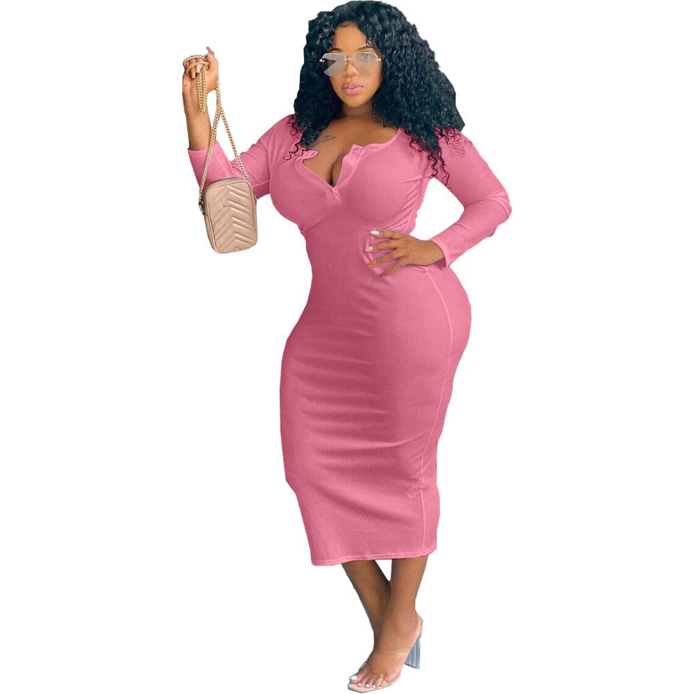 FNN-8629 Autumn And Winter Women'S Clothing Sexy Solid Color V-Neck Long-Sleeved Plus Size Women'S Dress