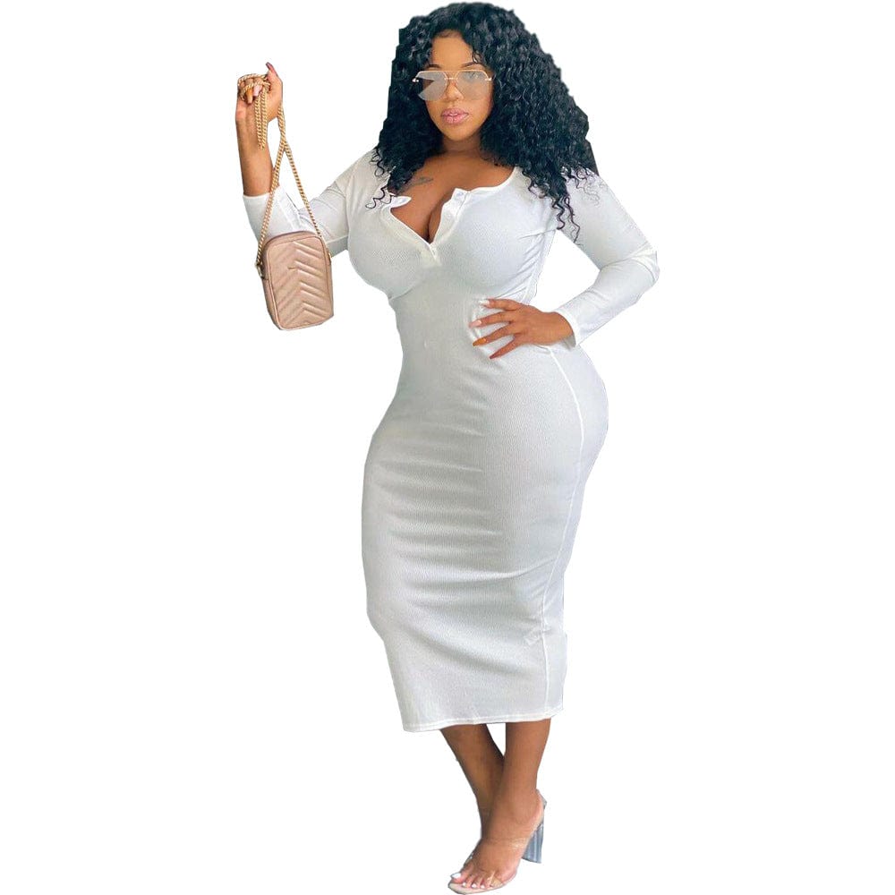 FNN-8629 Autumn And Winter Women'S Clothing Sexy Solid Color V-Neck Long-Sleeved Plus Size Women'S Dress