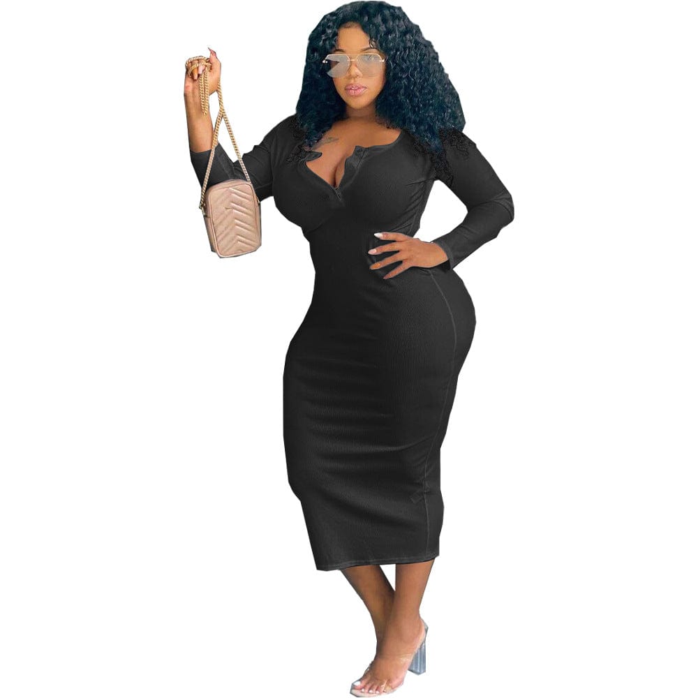 FNN-8629 Autumn And Winter Women'S Clothing Sexy Solid Color V-Neck Long-Sleeved Plus Size Women'S Dress