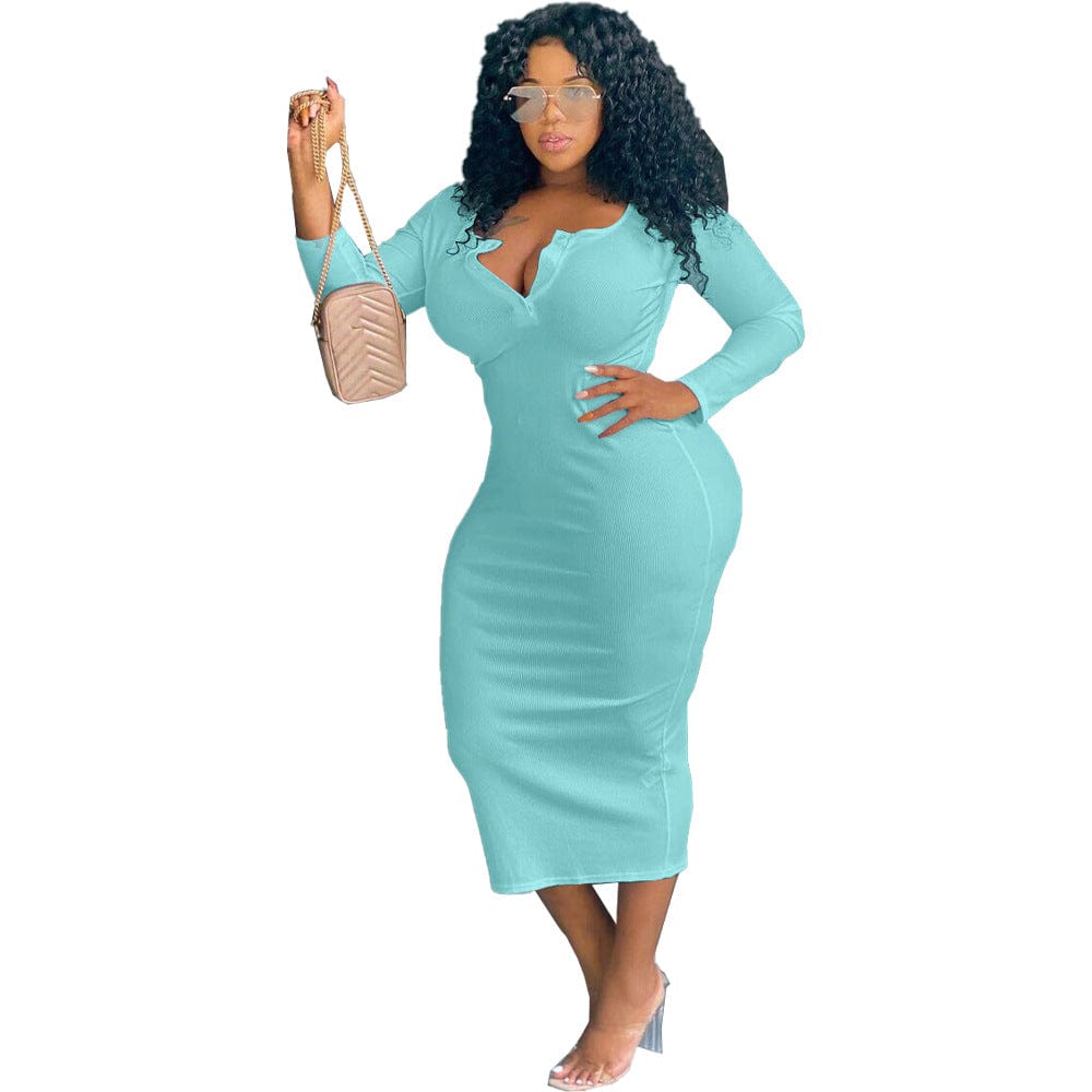 FNN-8629 Autumn And Winter Women'S Clothing Sexy Solid Color V-Neck Long-Sleeved Plus Size Women'S Dress