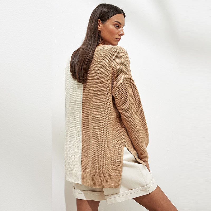 Foma new arrival hot selling V neck pullover sexy elegant casual color contrast women ladies fashion pullover knit sweater