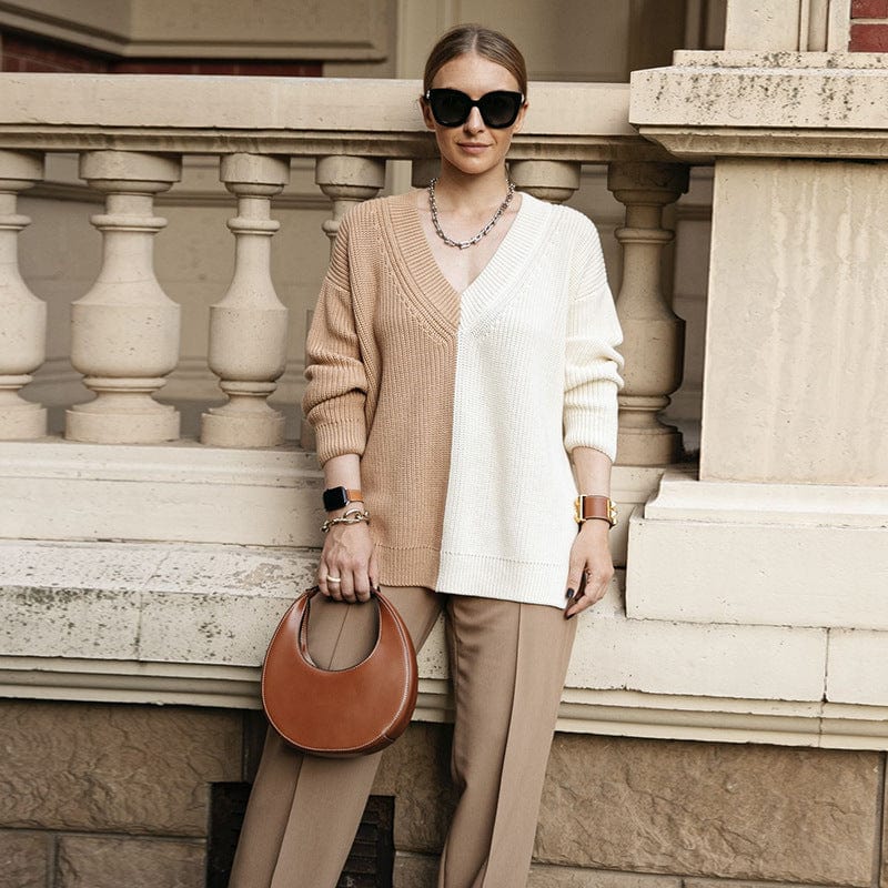 Foma new arrival hot selling V neck pullover sexy elegant casual color contrast women ladies fashion pullover knit sweater