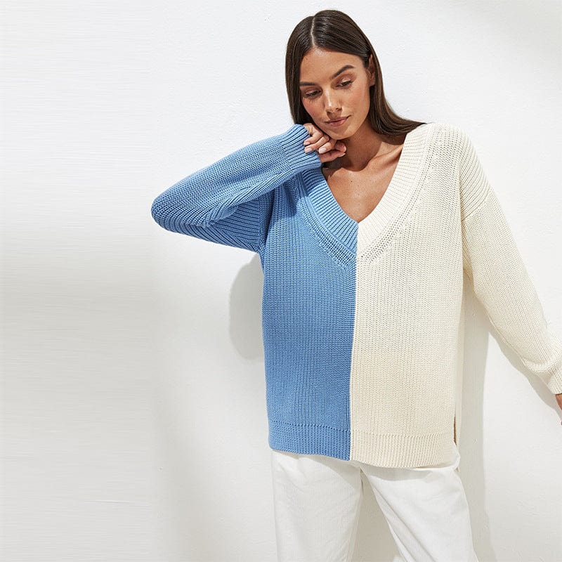 Foma new arrival hot selling V neck pullover sexy elegant casual color contrast women ladies fashion pullover knit sweater