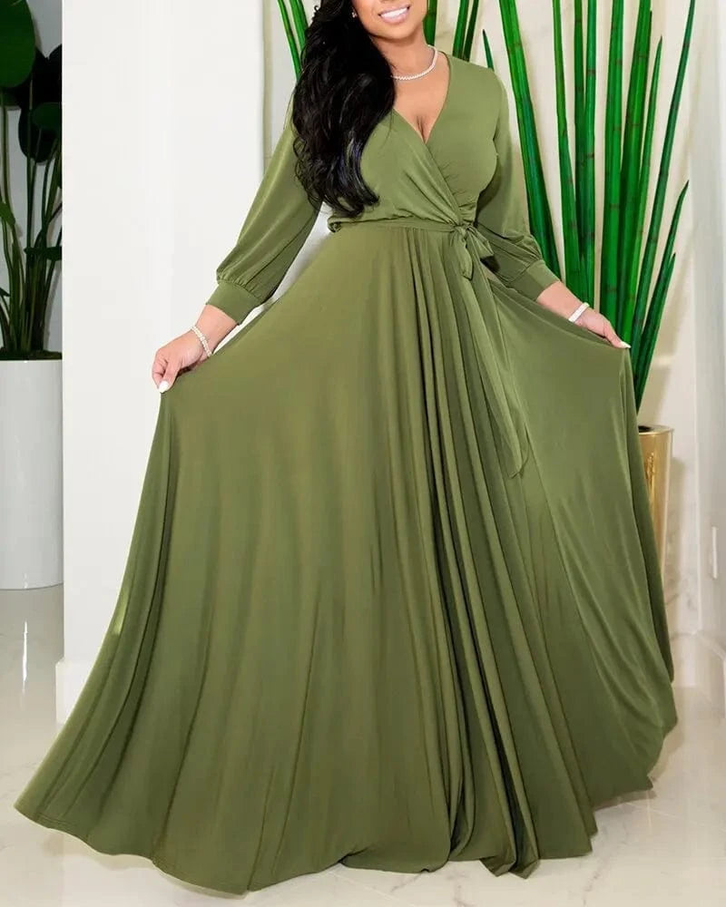 Foreign Trade Women's Plus-size Women's Temperament Commuter Waist Strap Solid Color Swing Dress