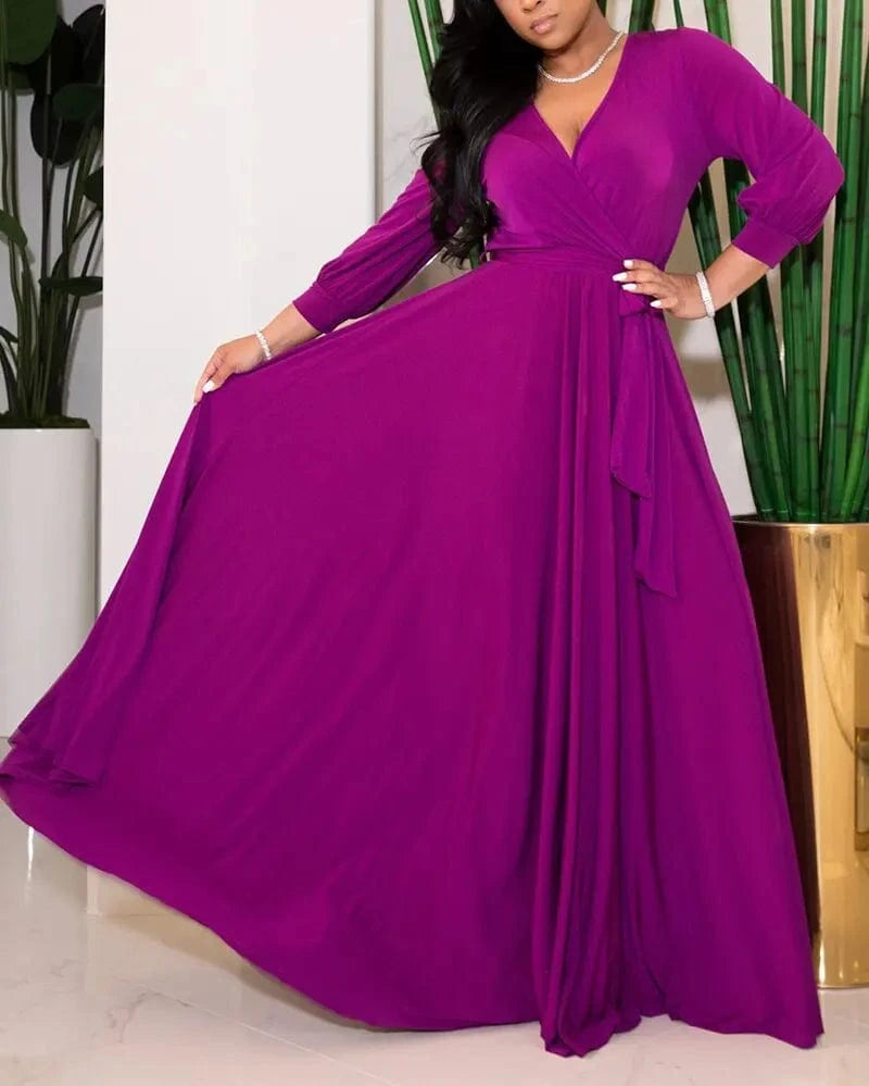 Foreign Trade Women's Plus-size Women's Temperament Commuter Waist Strap Solid Color Swing Dress
