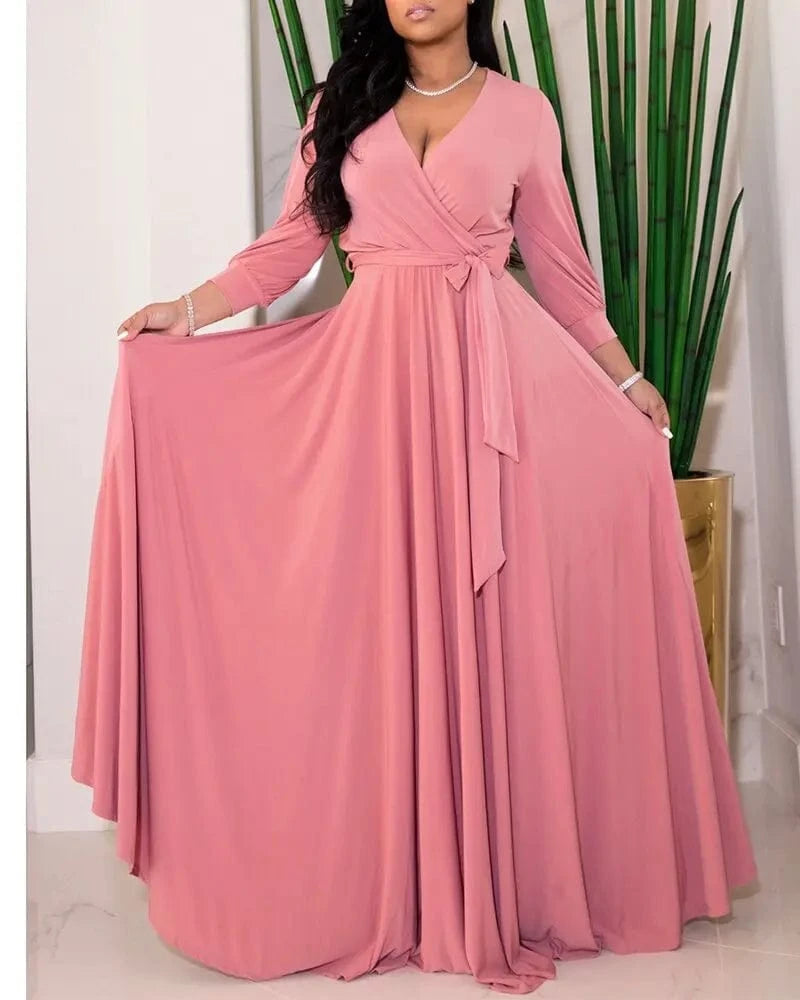 Foreign Trade Women's Plus-size Women's Temperament Commuter Waist Strap Solid Color Swing Dress