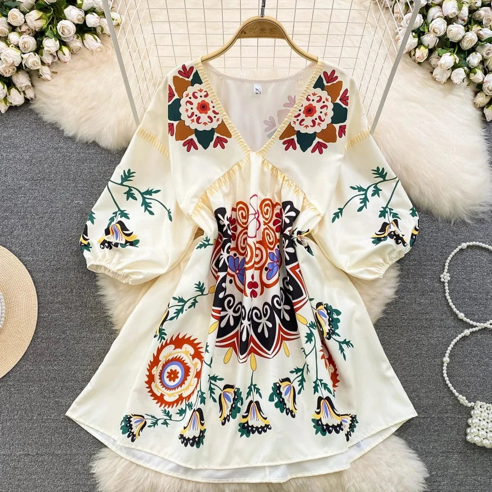 Free / apricot New Korean Chic V Neck Slim Waist A-line Dress Women Mini Dresses Clothing