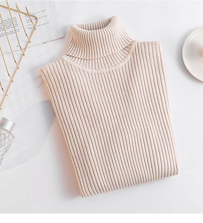 Free / Apricot New Spring Autumn Knit Long sleeve Turtleneck Pullover Solid Color High Neck Jumper Bottoming Shirt Knitted Sweaters T15501Y