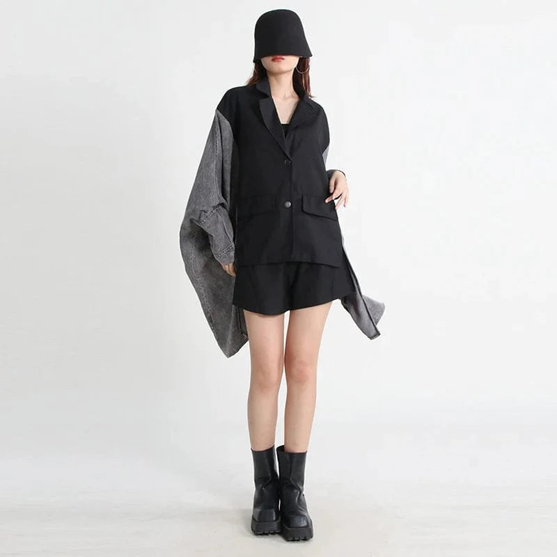 free / as picture CHICEVER Fashionable Patchwork Button Lapel Batwing Sleeve Hit Color Winter Women Jacket 2023