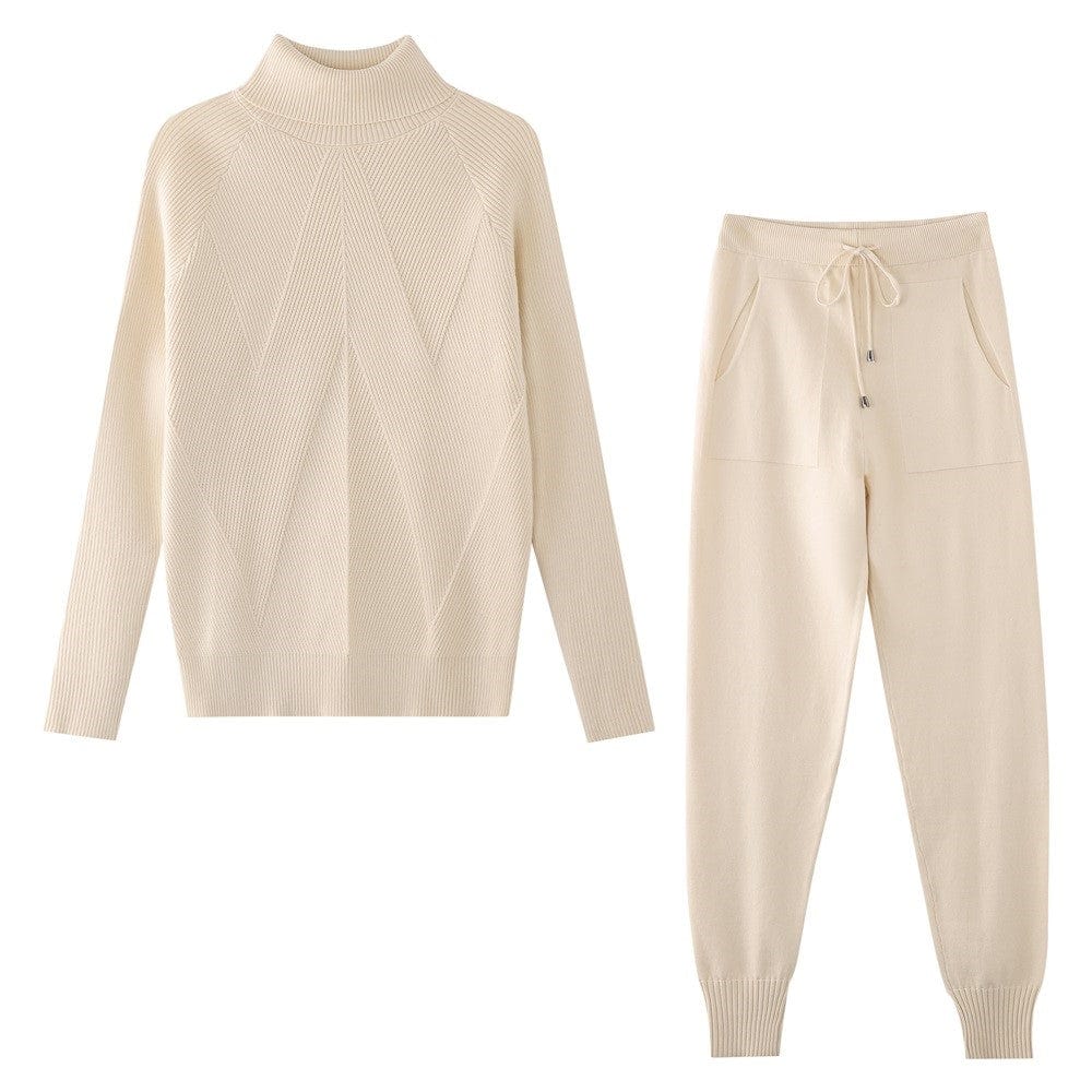 Free / Beige 10%OFF Autumn Winter Women's Knit tracksuit Solid Color Striped Turtleneck Sweater and Elastic Trousers Two Piece Set