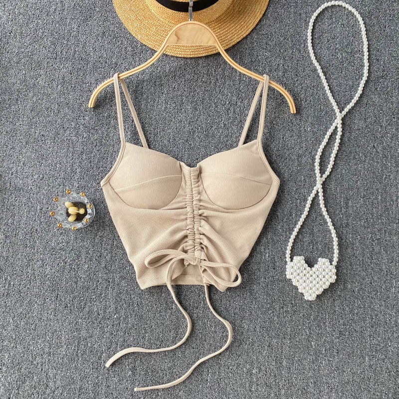 Free / Beige 2022 Amazon Top Seller Women Summer Simple spaghetti strap tank top Drawstring knit women y2k crop tops