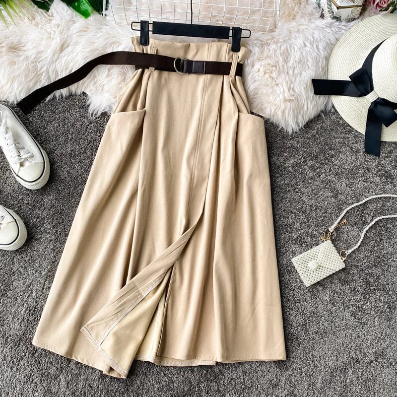 Free / Beige One size New High Waist Umbrella skirt Large Swing Long skirt  Irregular Loose A-line Half length Straight  skirt  +Belt