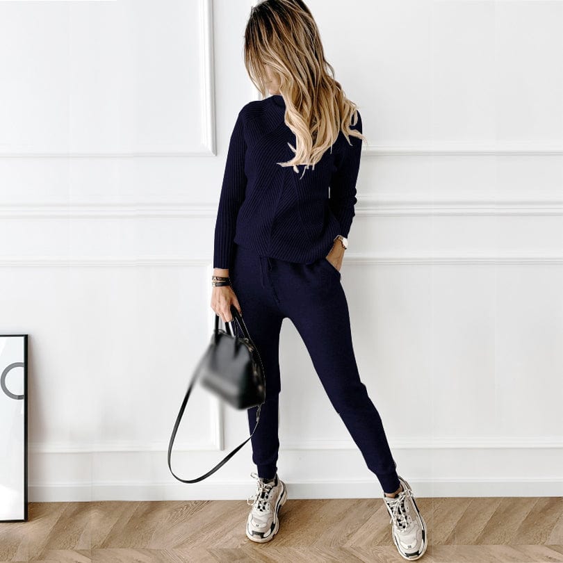 Free / Black 10%OFF Autumn Winter Women's Knit tracksuit Solid Color Striped Turtleneck Sweater and Elastic Trousers Two Piece Set