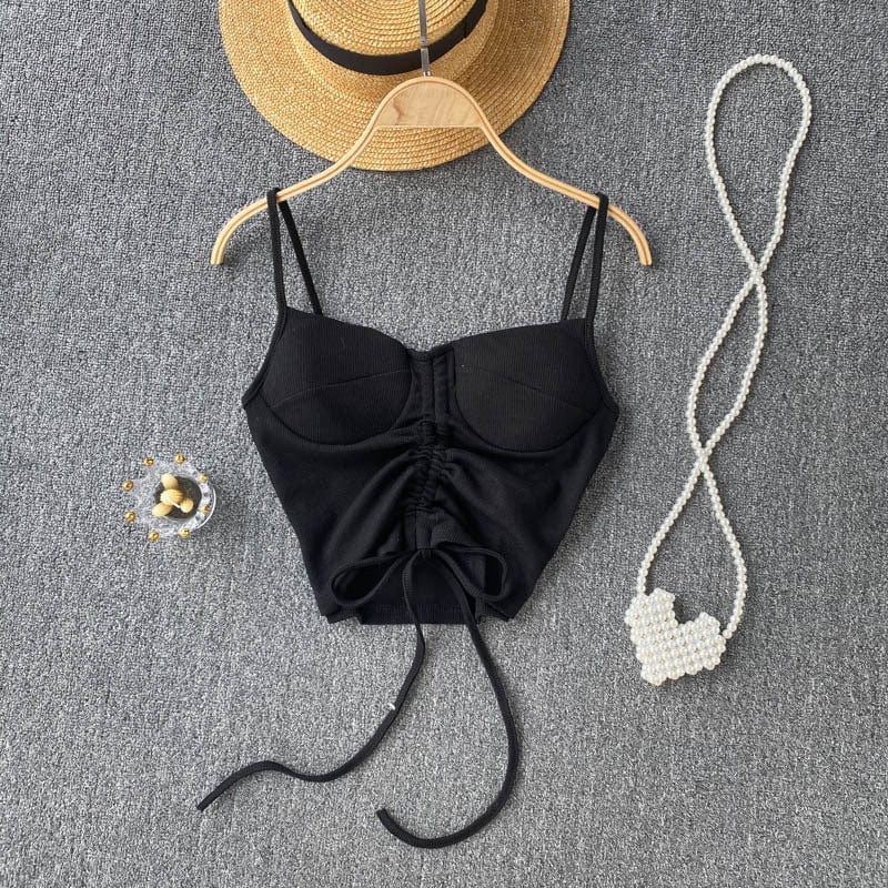 Free / black 2022 Amazon Top Seller Women Summer Simple spaghetti strap tank top Drawstring knit women y2k crop tops
