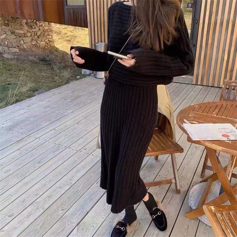 Free / black Autumn Winter Sweater Sets Elegant Long Sleeve Pullover Sweater + Basic Knitted Sling Dresses Korean Outfit 2 Piece Set