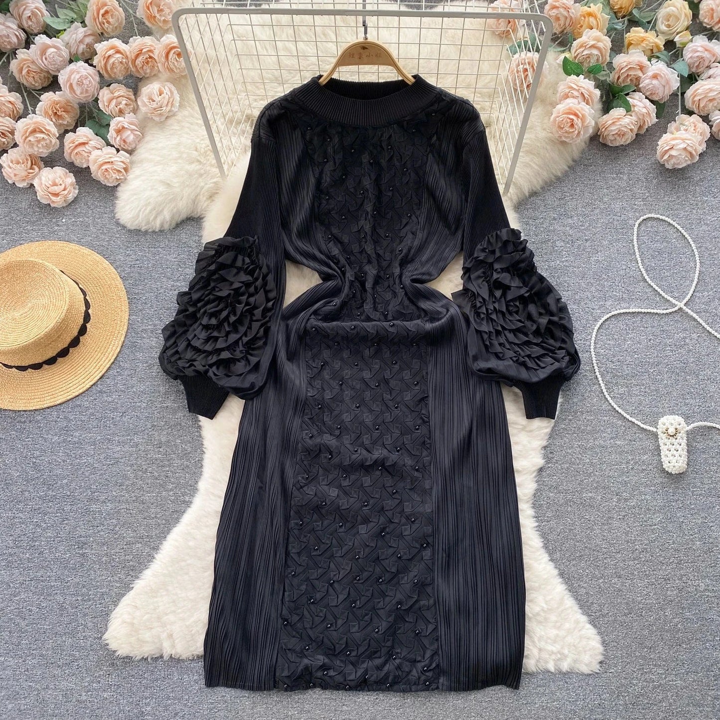 Free / Black Clothing 2024 Spring New Solid Color Embroidered Crew Neck Long Sleeve Elegant Loose Women's Dress